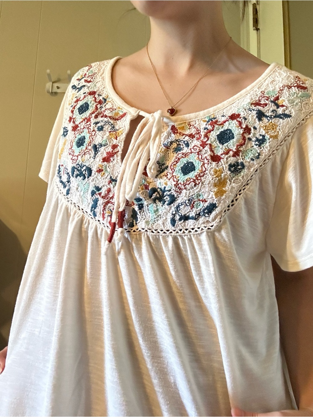 Cato Cream Peasant Tunic with Multicolor Floral Embroidery